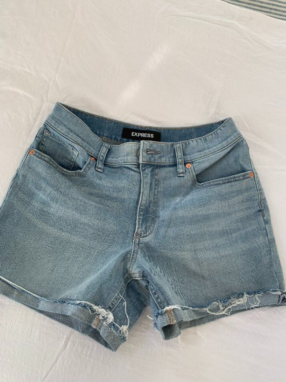 Express Distressed Hem Midi Denim Shorts, 4